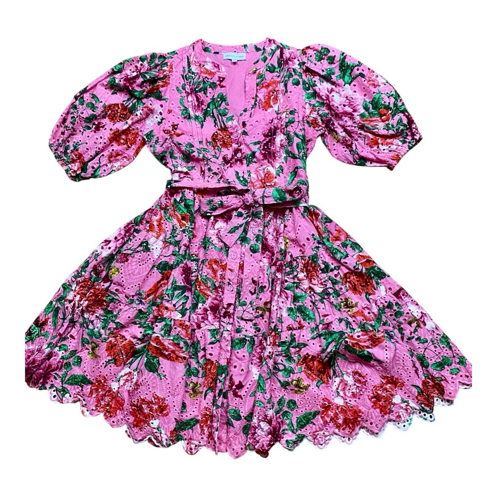 Gibson Latimer Pink Floral Eyelet Dress Small Cotton Puff Sleeve Tiered Midi - Picture 2 of 13